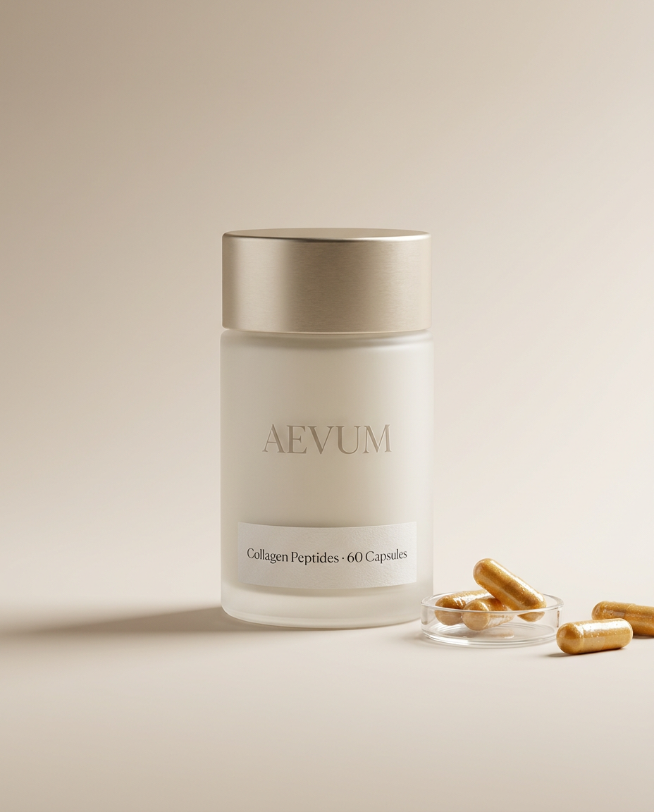 Aevum Collagen Peptides capsule bottle — luxury wellness render